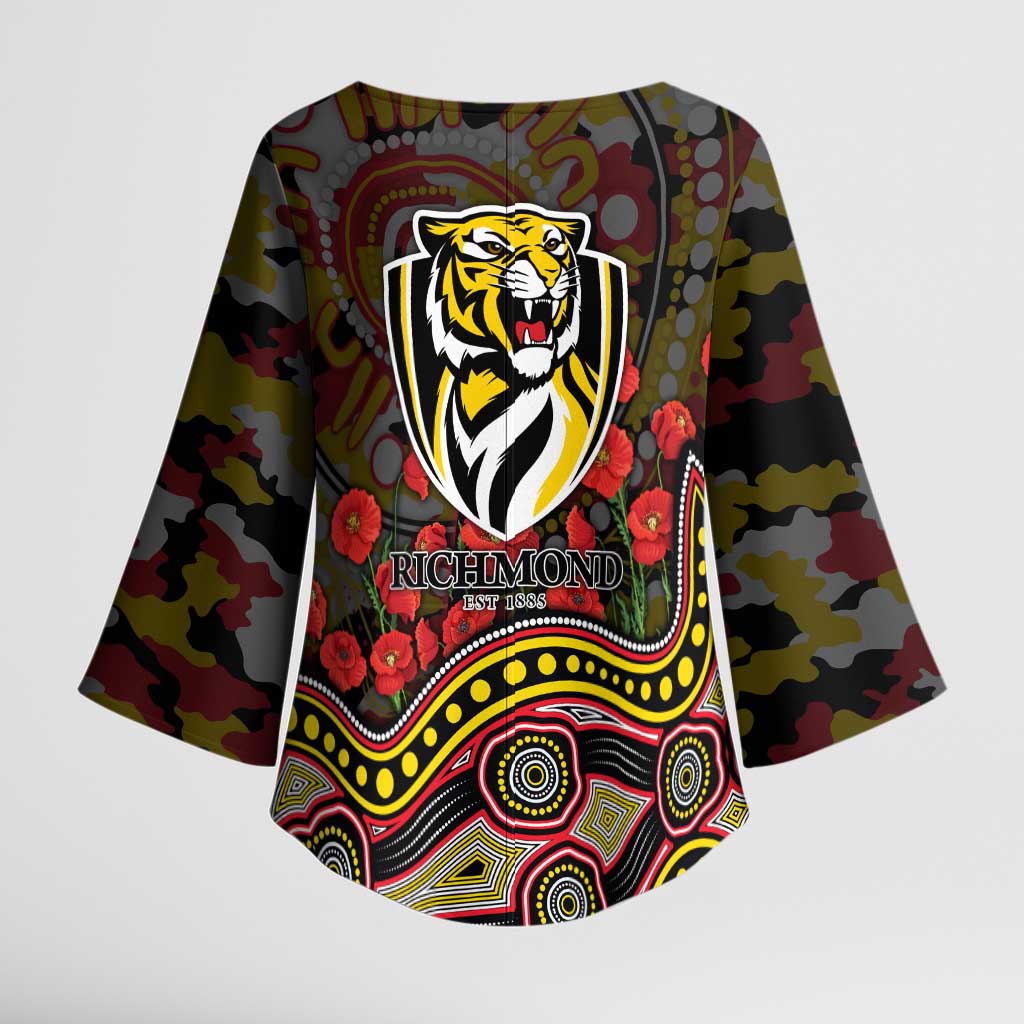Richmond Tigers ANZAC Day Kimono Sleeve Blouse Indigenous Dot Art with Poppy Flower Tribute