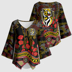 Richmond Tigers ANZAC Day Kimono Sleeve Blouse Indigenous Dot Art with Poppy Flower Tribute