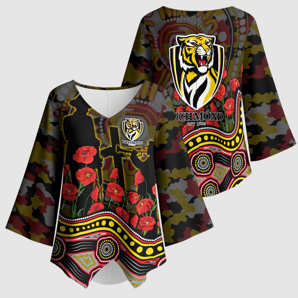 Richmond Tigers ANZAC Day Kimono Sleeve Blouse Indigenous Dot Art with Poppy Flower Tribute