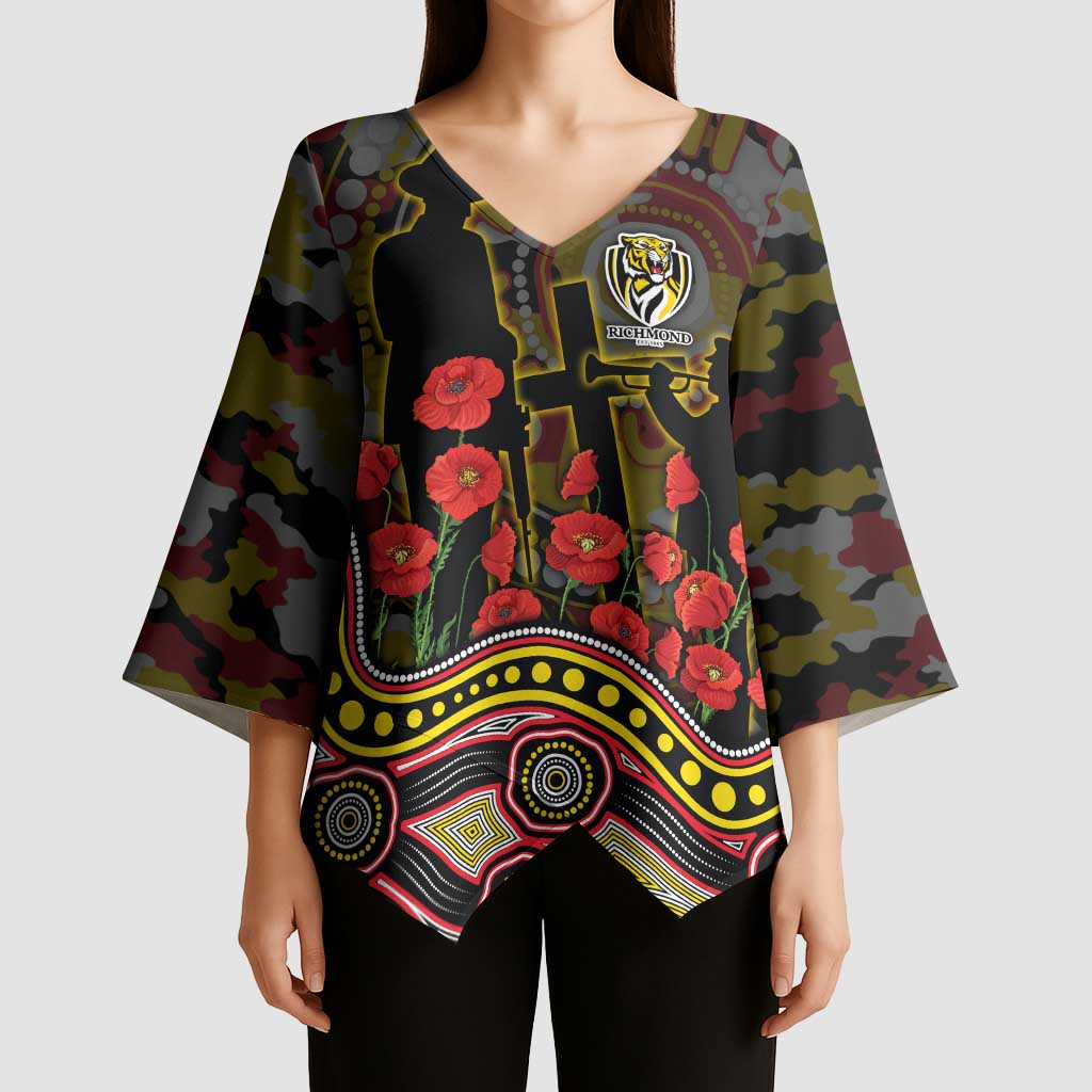 Richmond Tigers ANZAC Day Kimono Sleeve Blouse Indigenous Dot Art with Poppy Flower Tribute