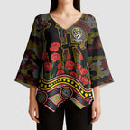 Richmond Tigers ANZAC Day Kimono Sleeve Blouse Indigenous Dot Art with Poppy Flower Tribute