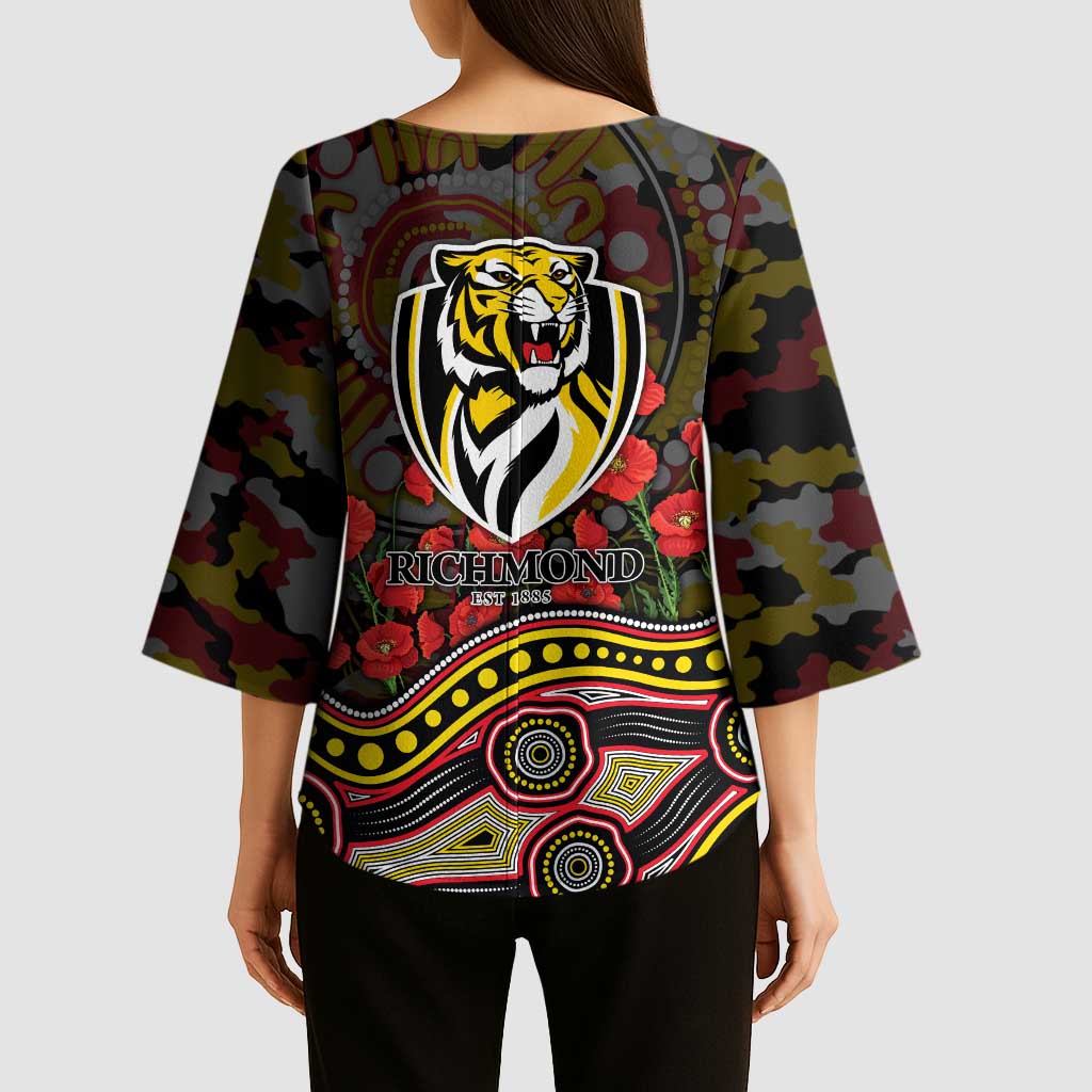 Richmond Tigers ANZAC Day Kimono Sleeve Blouse Indigenous Dot Art with Poppy Flower Tribute