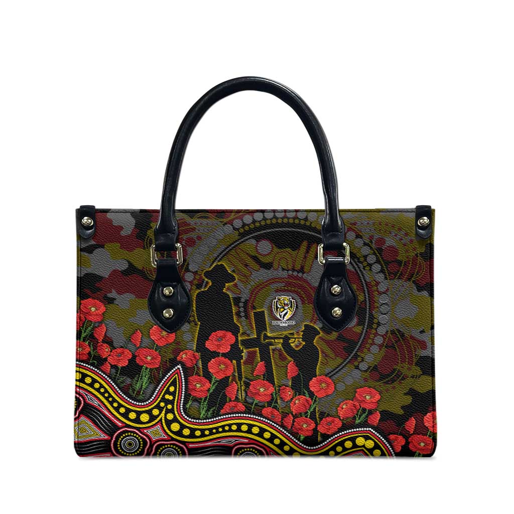 Richmond Tigers ANZAC Day Leather Bag Indigenous Dot Art with Poppy Flower Tribute