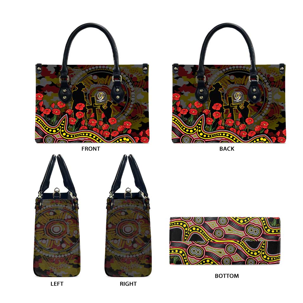 Richmond Tigers ANZAC Day Leather Bag Indigenous Dot Art with Poppy Flower Tribute