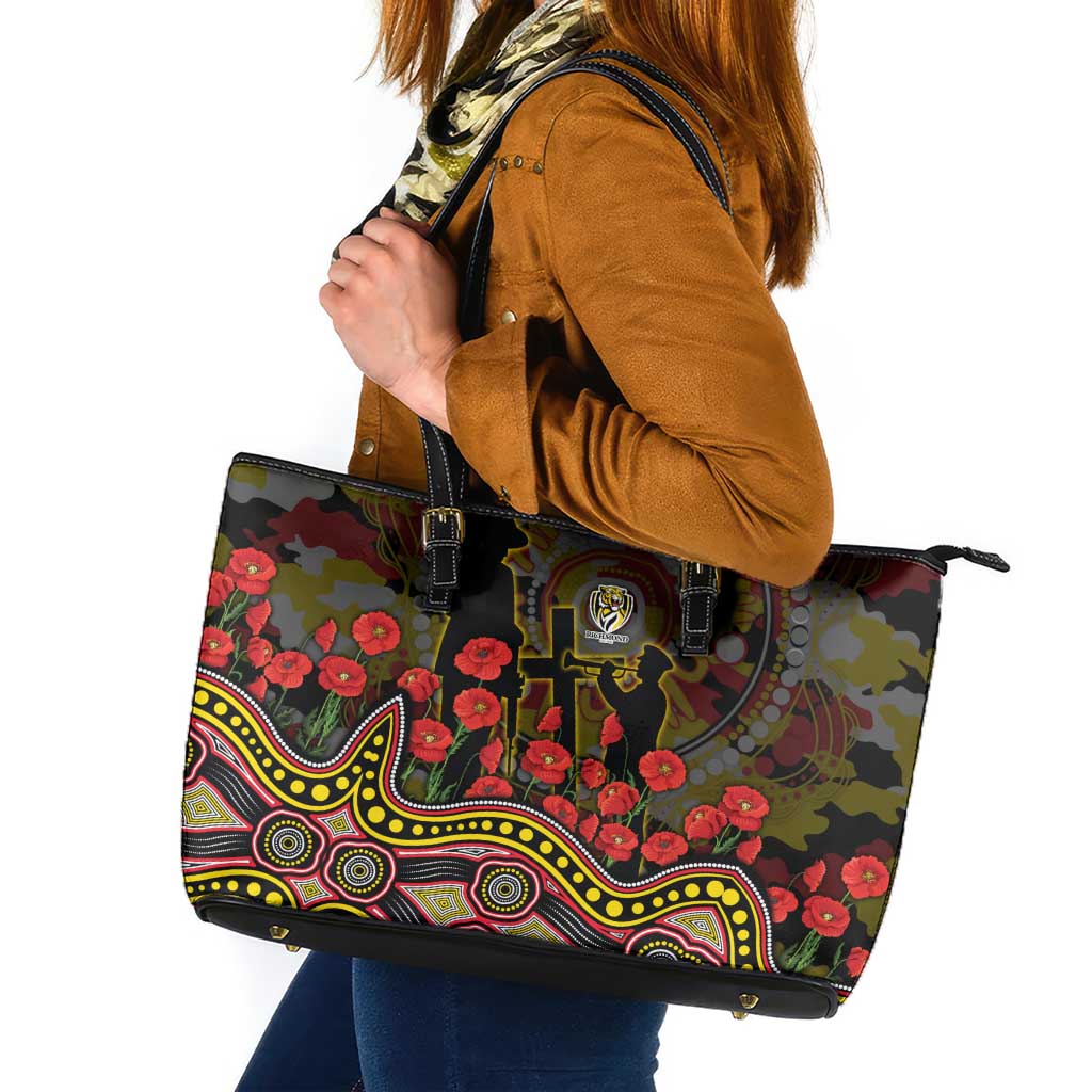 Richmond Tigers ANZAC Day Leather Tote Bag Indigenous Dot Art with Poppy Flower Tribute