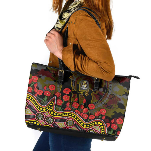 Richmond Tigers ANZAC Day Leather Tote Bag Indigenous Dot Art with Poppy Flower Tribute