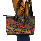 Richmond Tigers ANZAC Day Leather Tote Bag Indigenous Dot Art with Poppy Flower Tribute