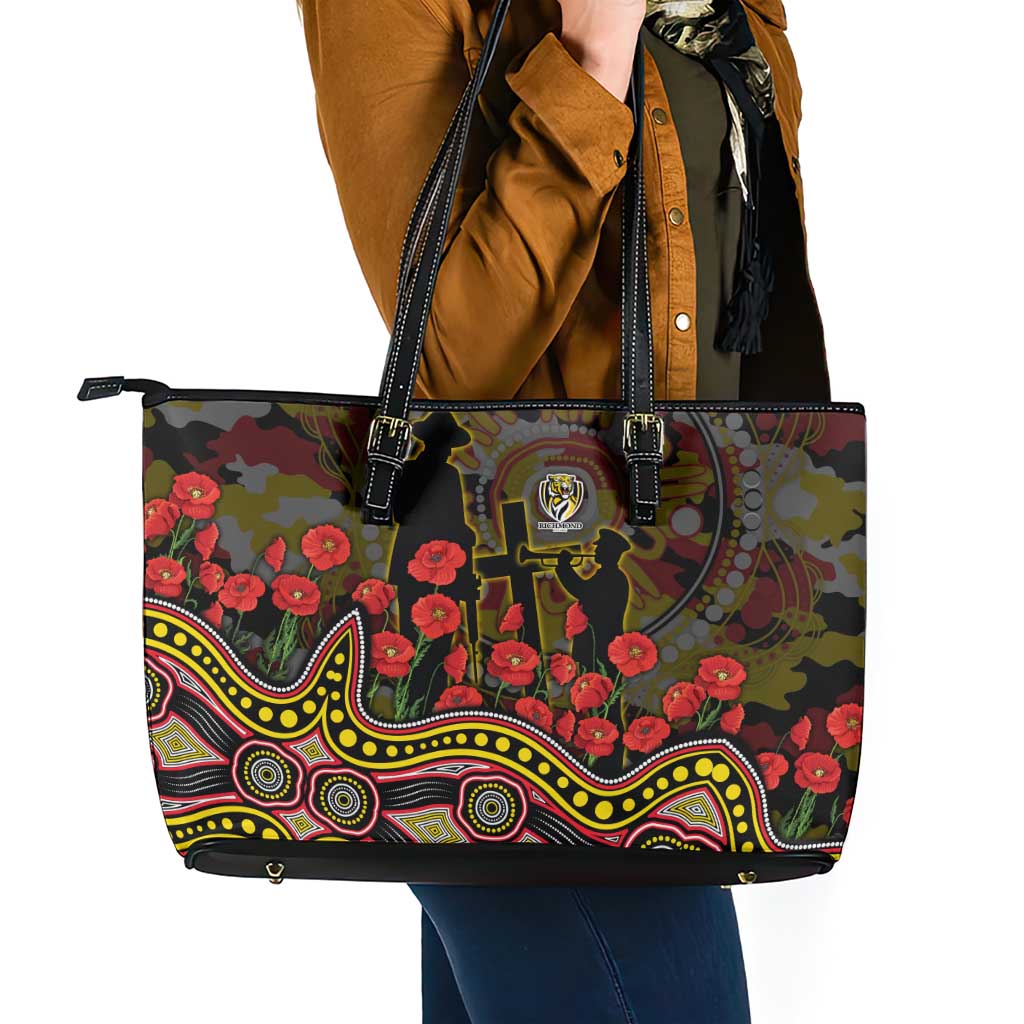 Richmond Tigers ANZAC Day Leather Tote Bag Indigenous Dot Art with Poppy Flower Tribute