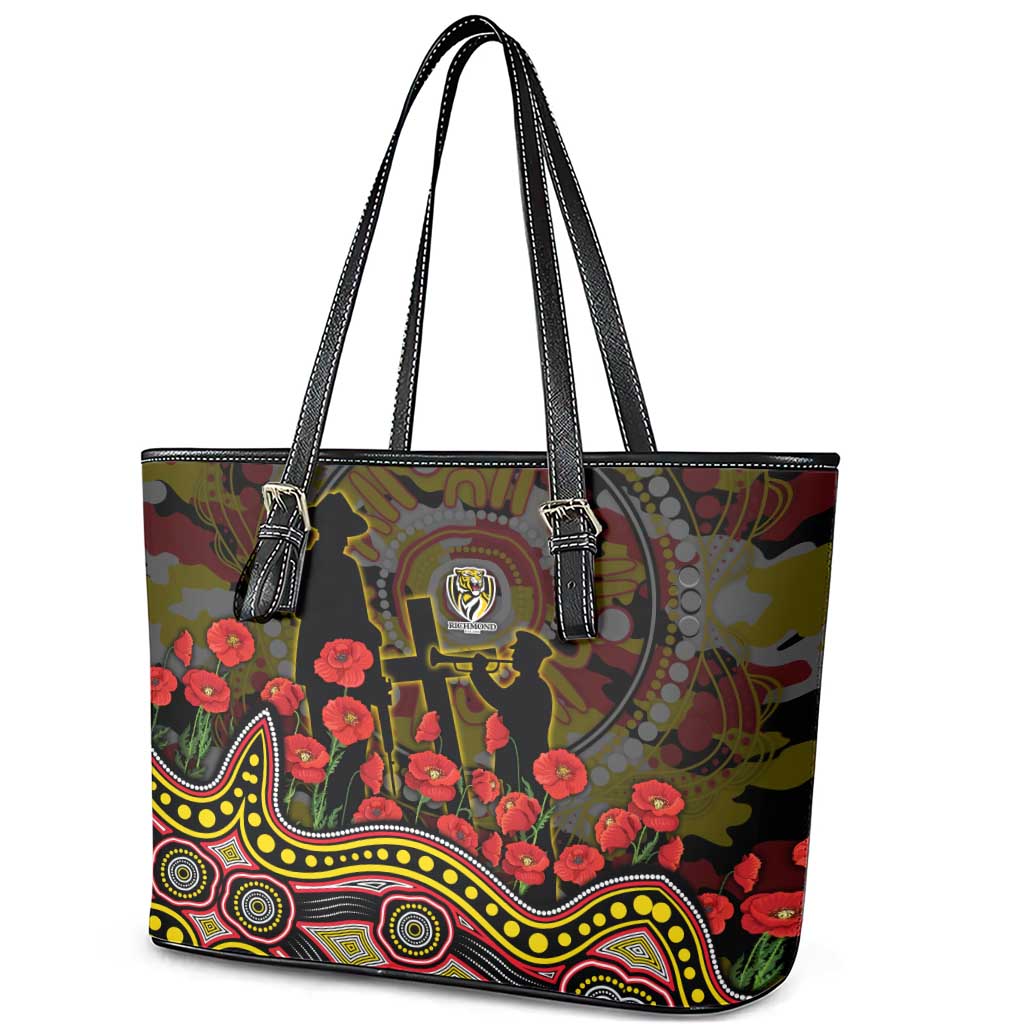 Richmond Tigers ANZAC Day Leather Tote Bag Indigenous Dot Art with Poppy Flower Tribute