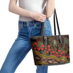 Richmond Tigers ANZAC Day Leather Tote Bag Indigenous Dot Art with Poppy Flower Tribute