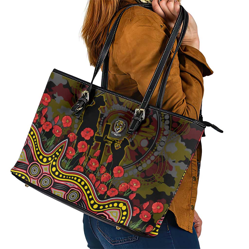 Richmond Tigers ANZAC Day Leather Tote Bag Indigenous Dot Art with Poppy Flower Tribute