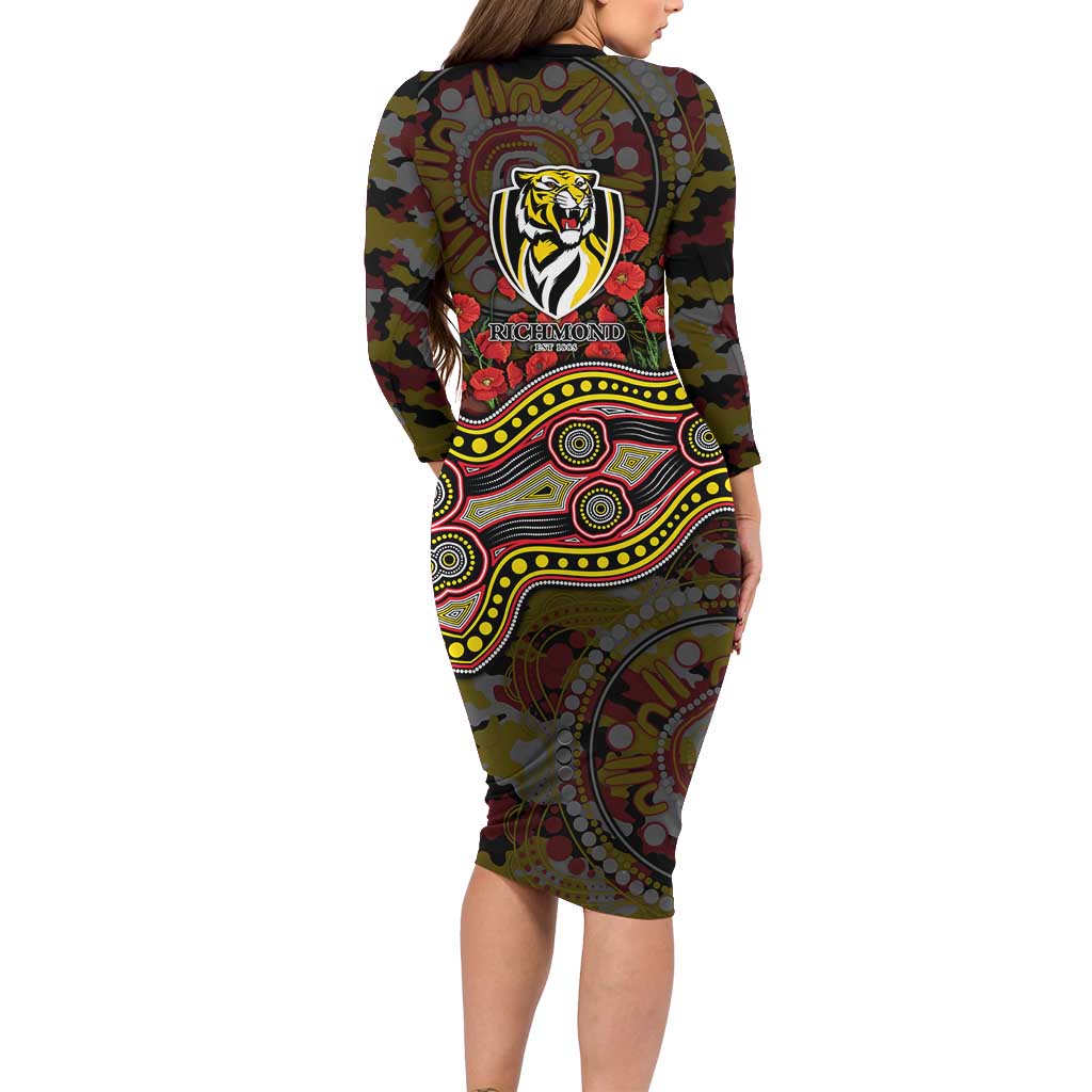 Richmond Tigers ANZAC Day Long Sleeve Bodycon Dress Indigenous Dot Art with Poppy Flower Tribute