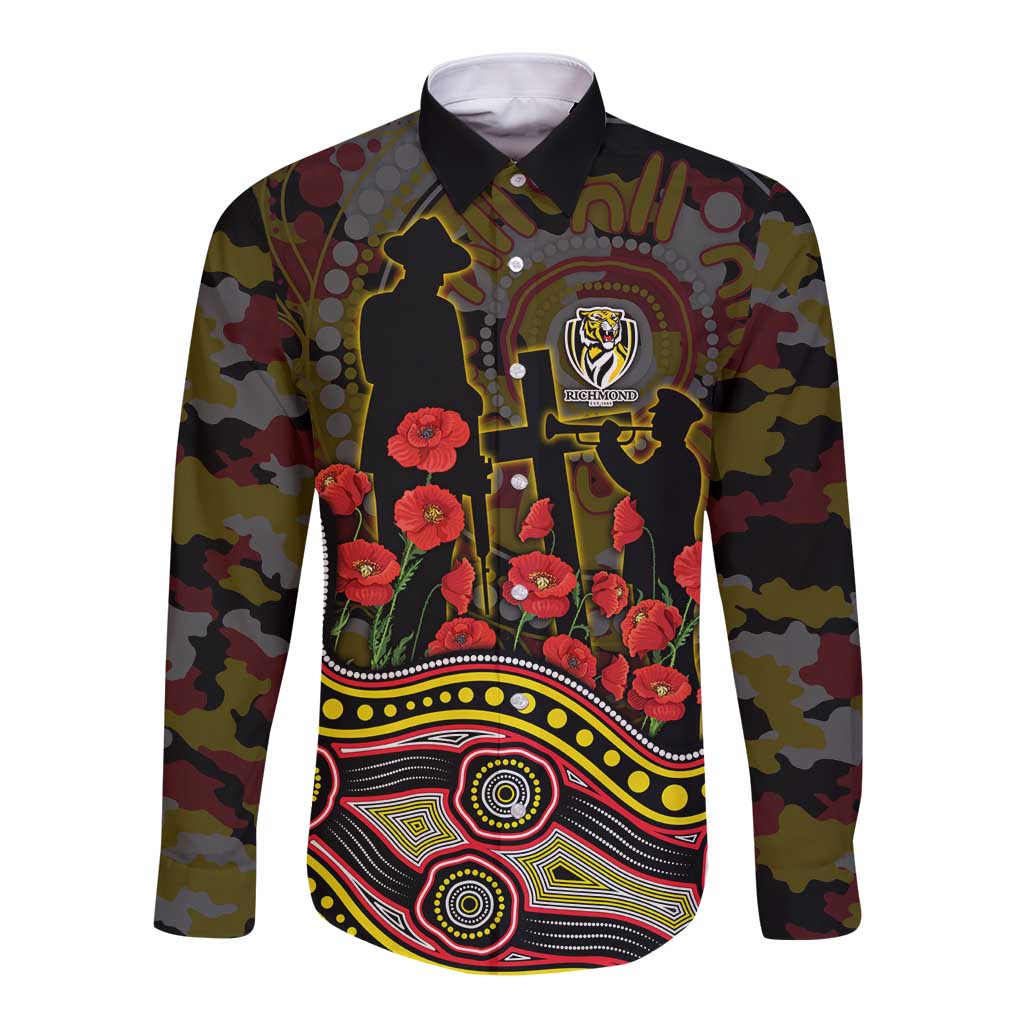 Richmond Tigers ANZAC Day Long Sleeve Button Shirt Indigenous Dot Art with Poppy Flower Tribute