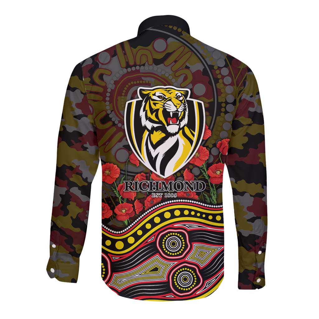 Richmond Tigers ANZAC Day Long Sleeve Button Shirt Indigenous Dot Art with Poppy Flower Tribute
