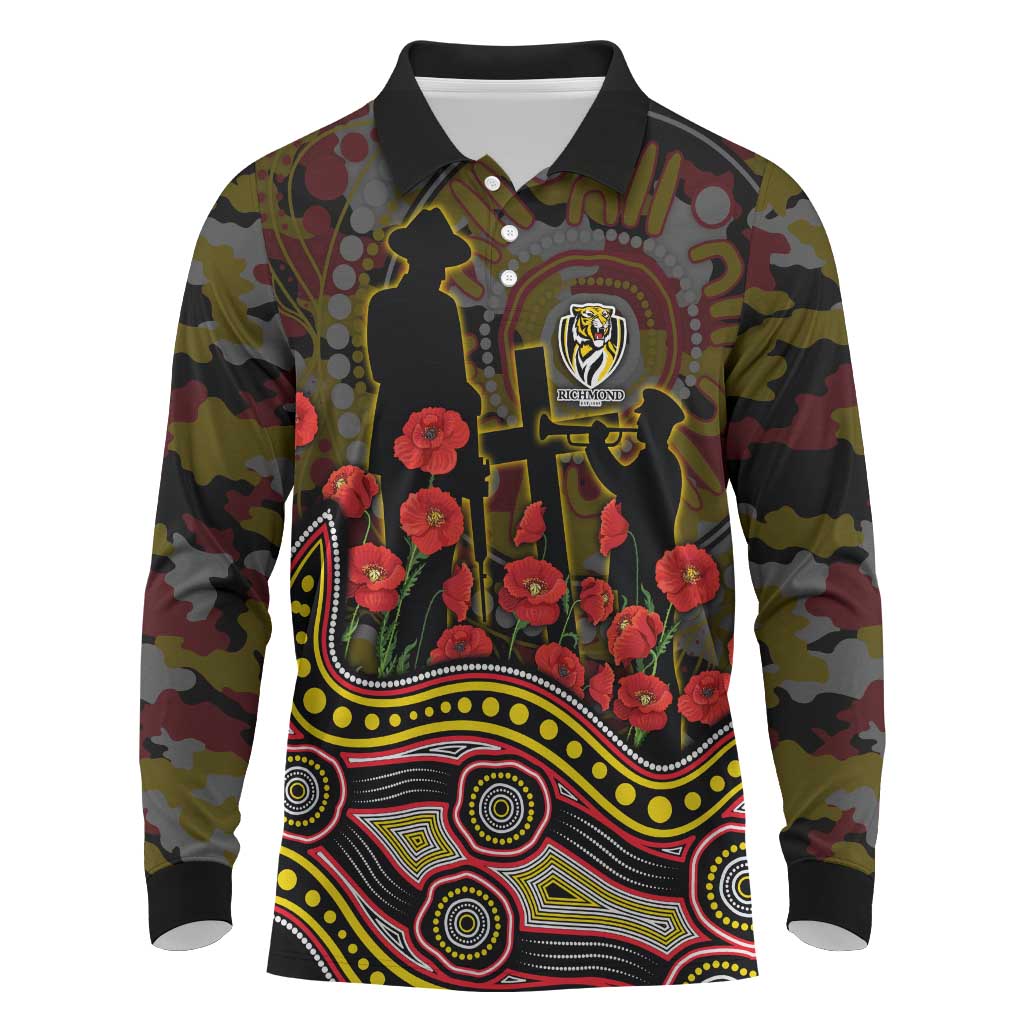 Richmond Tigers ANZAC Day Long Sleeve Polo Shirt Indigenous Dot Art with Poppy Flower Tribute
