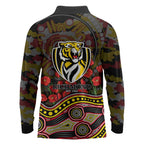 Richmond Tigers ANZAC Day Long Sleeve Polo Shirt Indigenous Dot Art with Poppy Flower Tribute