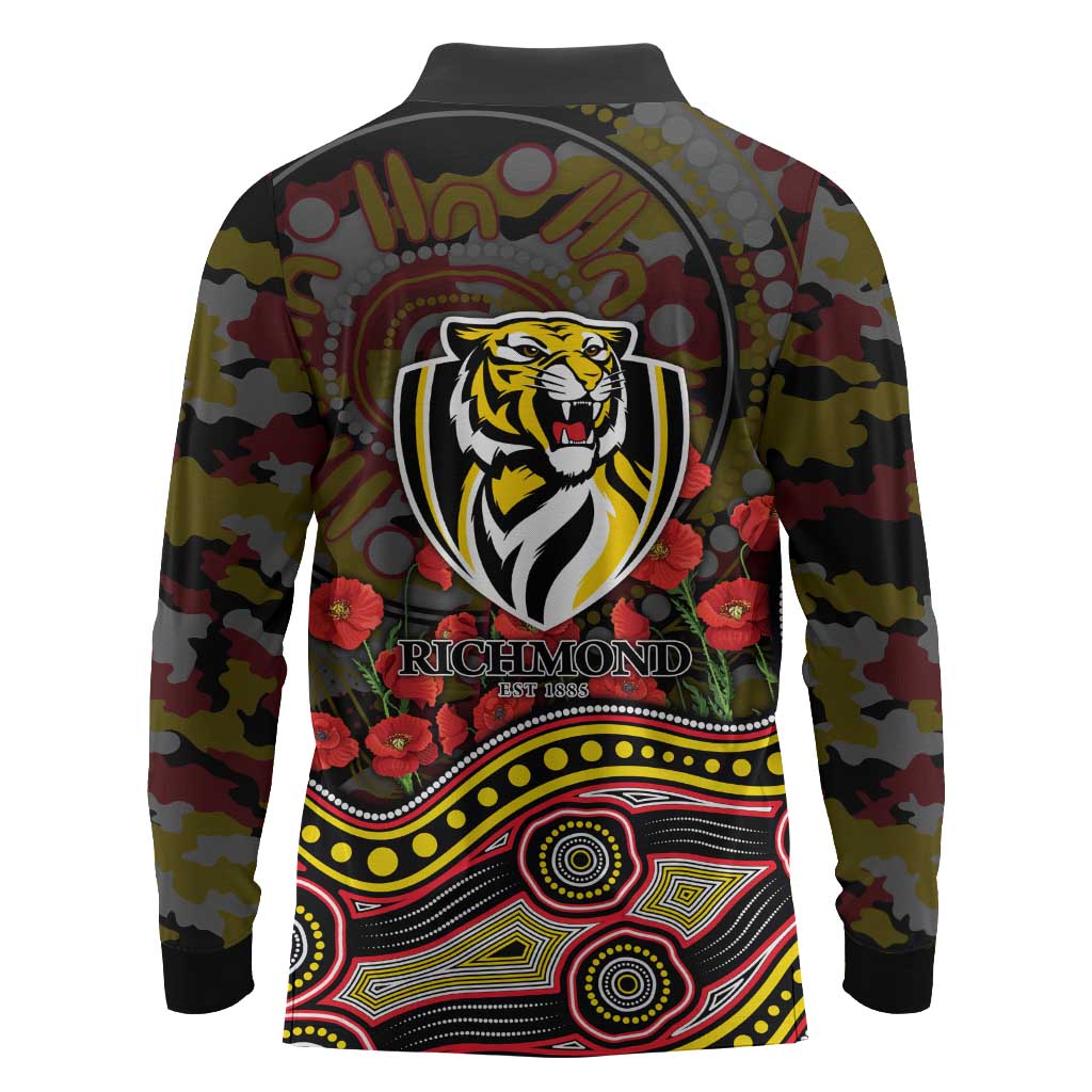 Richmond Tigers ANZAC Day Long Sleeve Polo Shirt Indigenous Dot Art with Poppy Flower Tribute