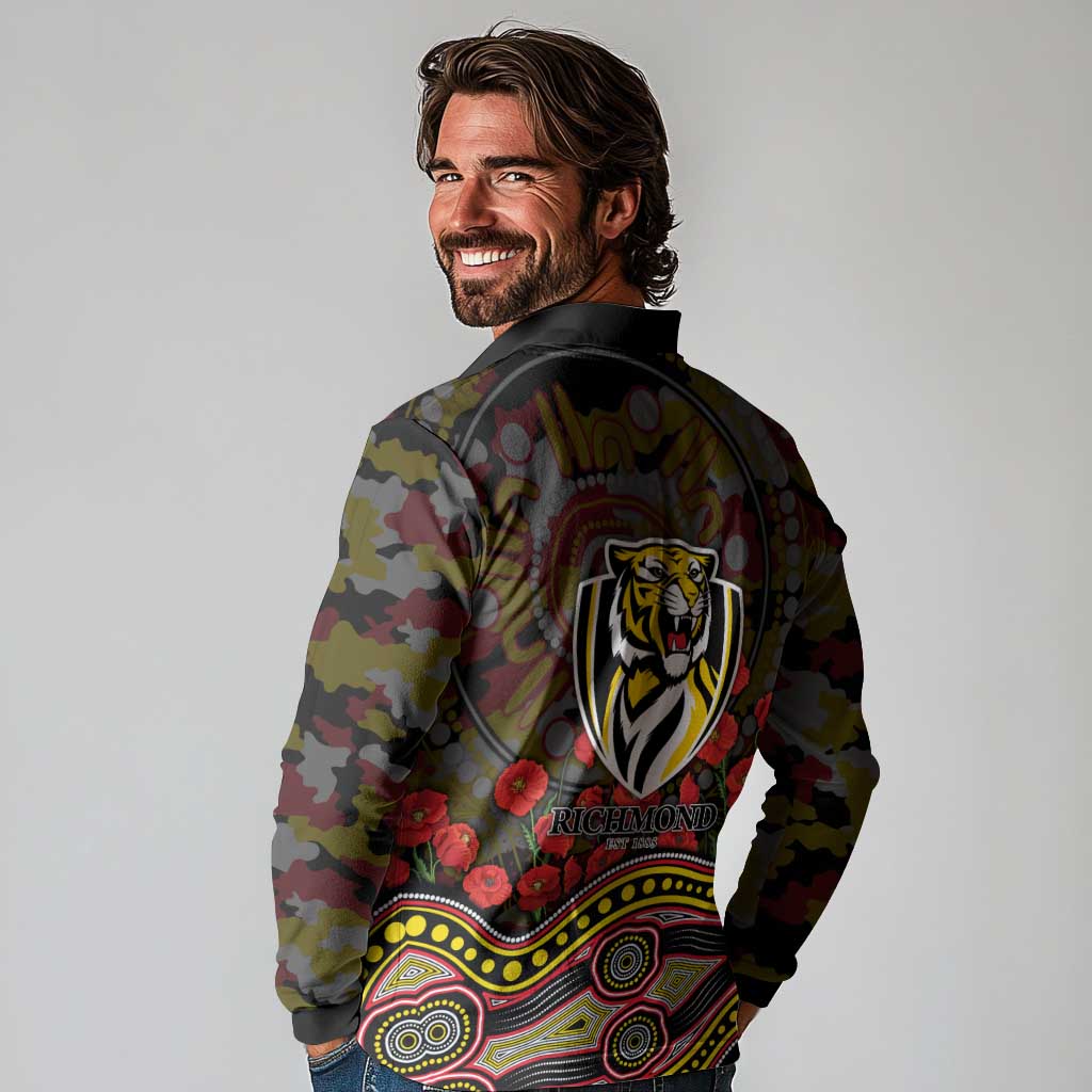 Richmond Tigers ANZAC Day Long Sleeve Polo Shirt Indigenous Dot Art with Poppy Flower Tribute