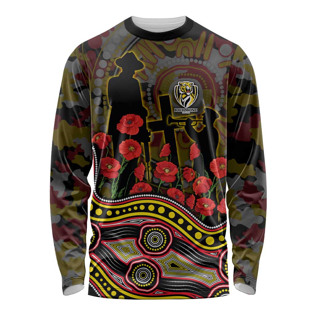 Richmond Tigers ANZAC Day Long Sleeve Shirt Indigenous Dot Art with Poppy Flower Tribute