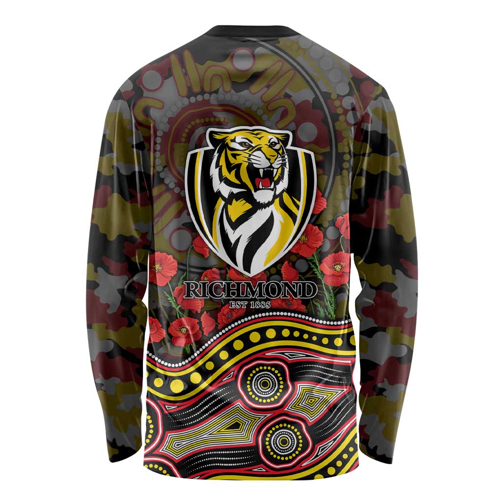 Richmond Tigers ANZAC Day Long Sleeve Shirt Indigenous Dot Art with Poppy Flower Tribute