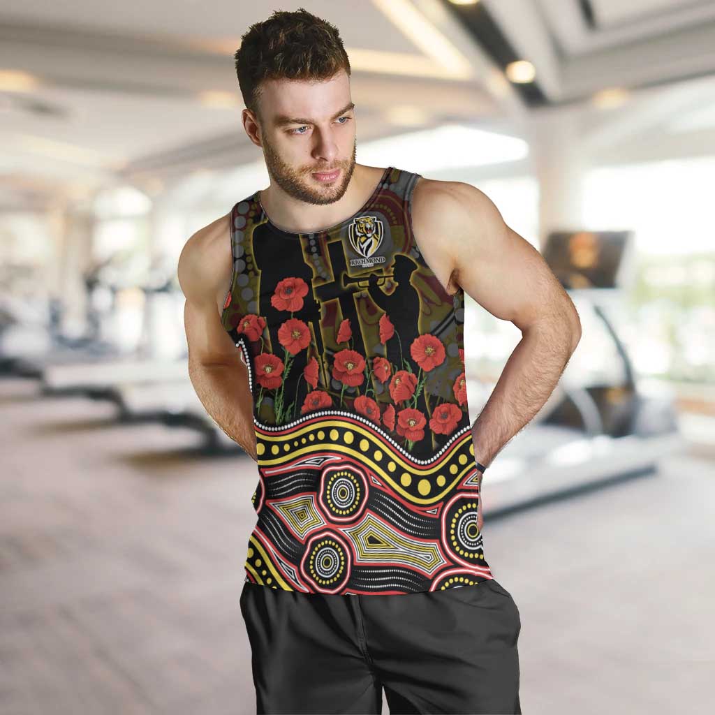 Richmond Tigers ANZAC Day Men Tank Top Indigenous Dot Art with Poppy Flower Tribute