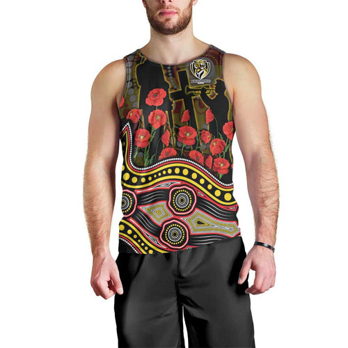 Richmond Tigers ANZAC Day Men Tank Top Indigenous Dot Art with Poppy Flower Tribute