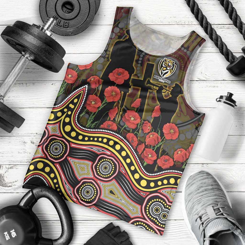 Richmond Tigers ANZAC Day Men Tank Top Indigenous Dot Art with Poppy Flower Tribute