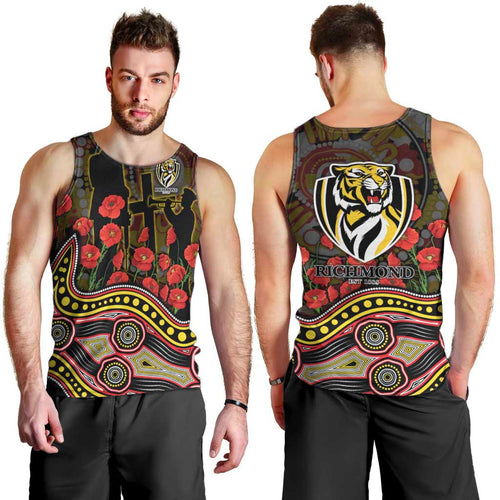 Richmond Tigers ANZAC Day Men Tank Top Indigenous Dot Art with Poppy Flower Tribute
