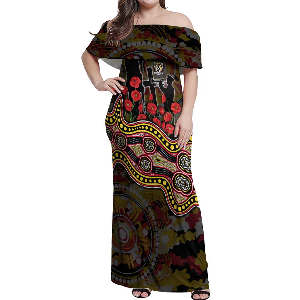 Richmond Tigers ANZAC Day Off Shoulder Maxi Dress Indigenous Dot Art with Poppy Flower Tribute