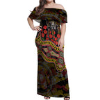Richmond Tigers ANZAC Day Off Shoulder Maxi Dress Indigenous Dot Art with Poppy Flower Tribute