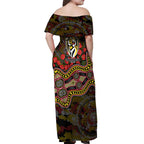 Richmond Tigers ANZAC Day Off Shoulder Maxi Dress Indigenous Dot Art with Poppy Flower Tribute