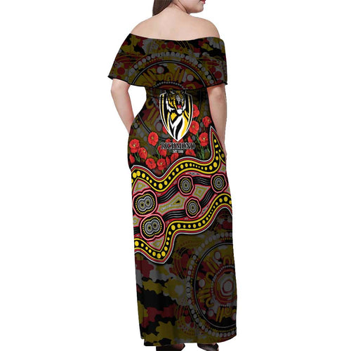 Richmond Tigers ANZAC Day Off Shoulder Maxi Dress Indigenous Dot Art with Poppy Flower Tribute