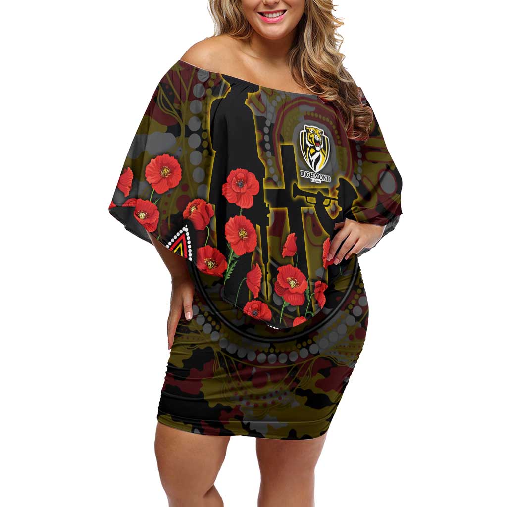 Richmond Tigers ANZAC Day Off Shoulder Short Dress Indigenous Dot Art with Poppy Flower Tribute