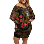 Richmond Tigers ANZAC Day Off Shoulder Short Dress Indigenous Dot Art with Poppy Flower Tribute