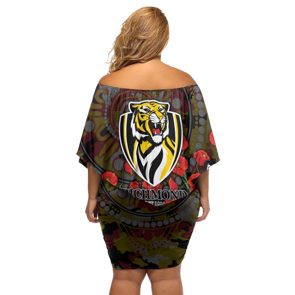 Richmond Tigers ANZAC Day Off Shoulder Short Dress Indigenous Dot Art with Poppy Flower Tribute