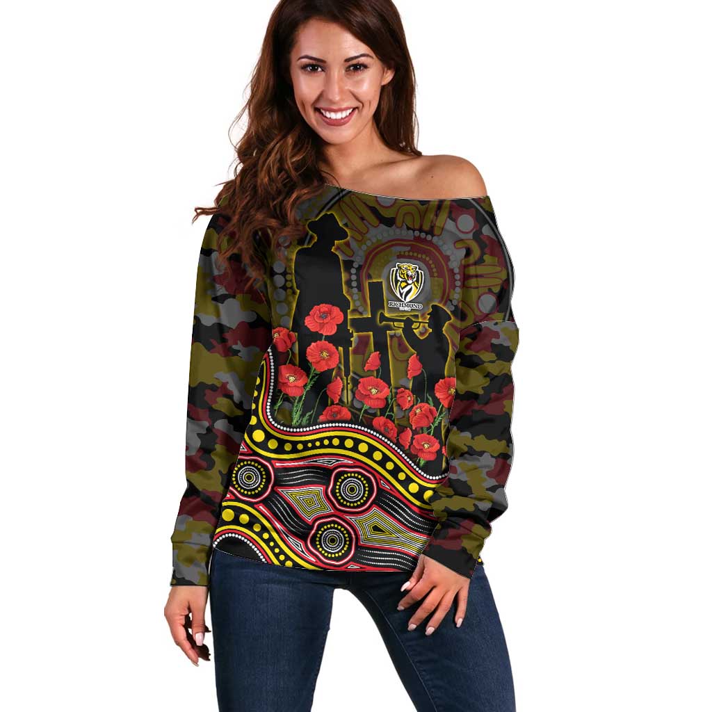 Richmond Tigers ANZAC Day Off Shoulder Sweater Indigenous Dot Art with Poppy Flower Tribute