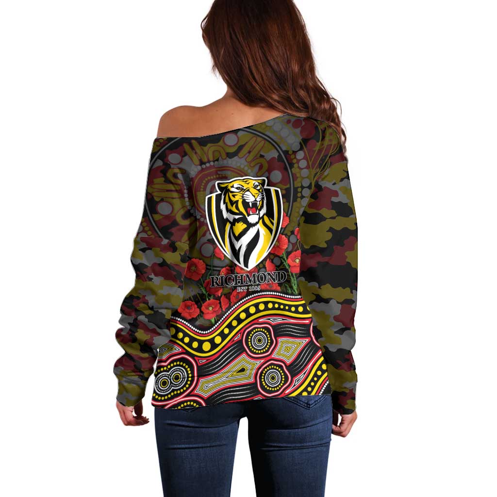 Richmond Tigers ANZAC Day Off Shoulder Sweater Indigenous Dot Art with Poppy Flower Tribute