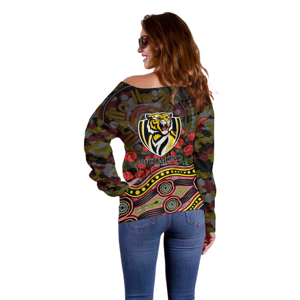 Richmond Tigers ANZAC Day Off Shoulder Sweater Indigenous Dot Art with Poppy Flower Tribute