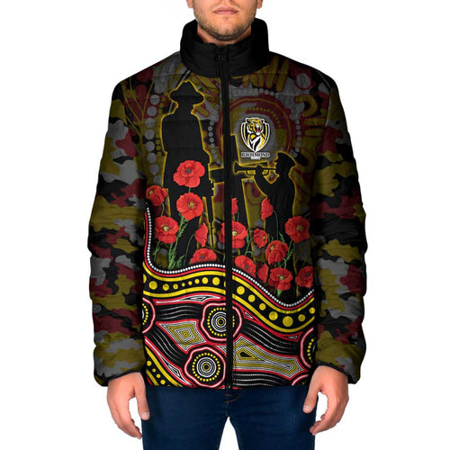 Richmond Tigers ANZAC Day Padded Jacket Indigenous Dot Art with Poppy Flower Tribute