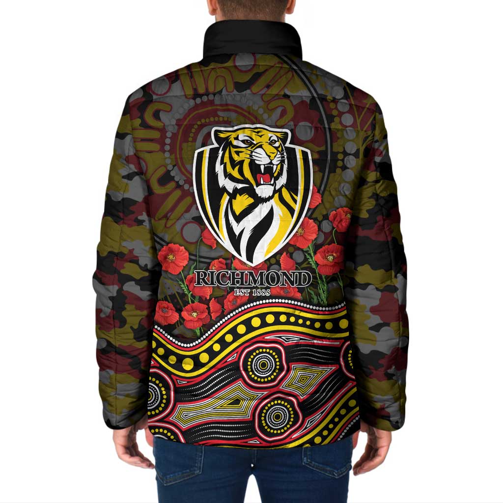 Richmond Tigers ANZAC Day Padded Jacket Indigenous Dot Art with Poppy Flower Tribute
