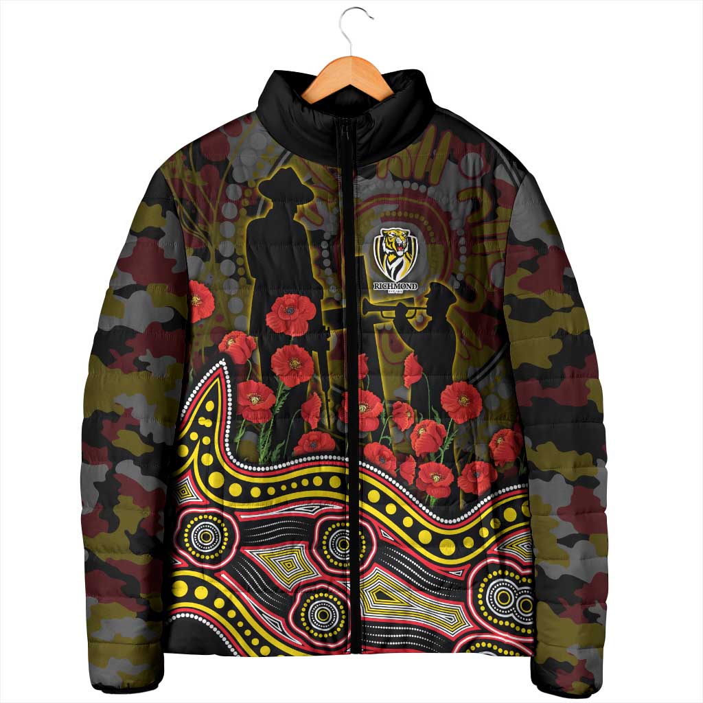 Richmond Tigers ANZAC Day Padded Jacket Indigenous Dot Art with Poppy Flower Tribute