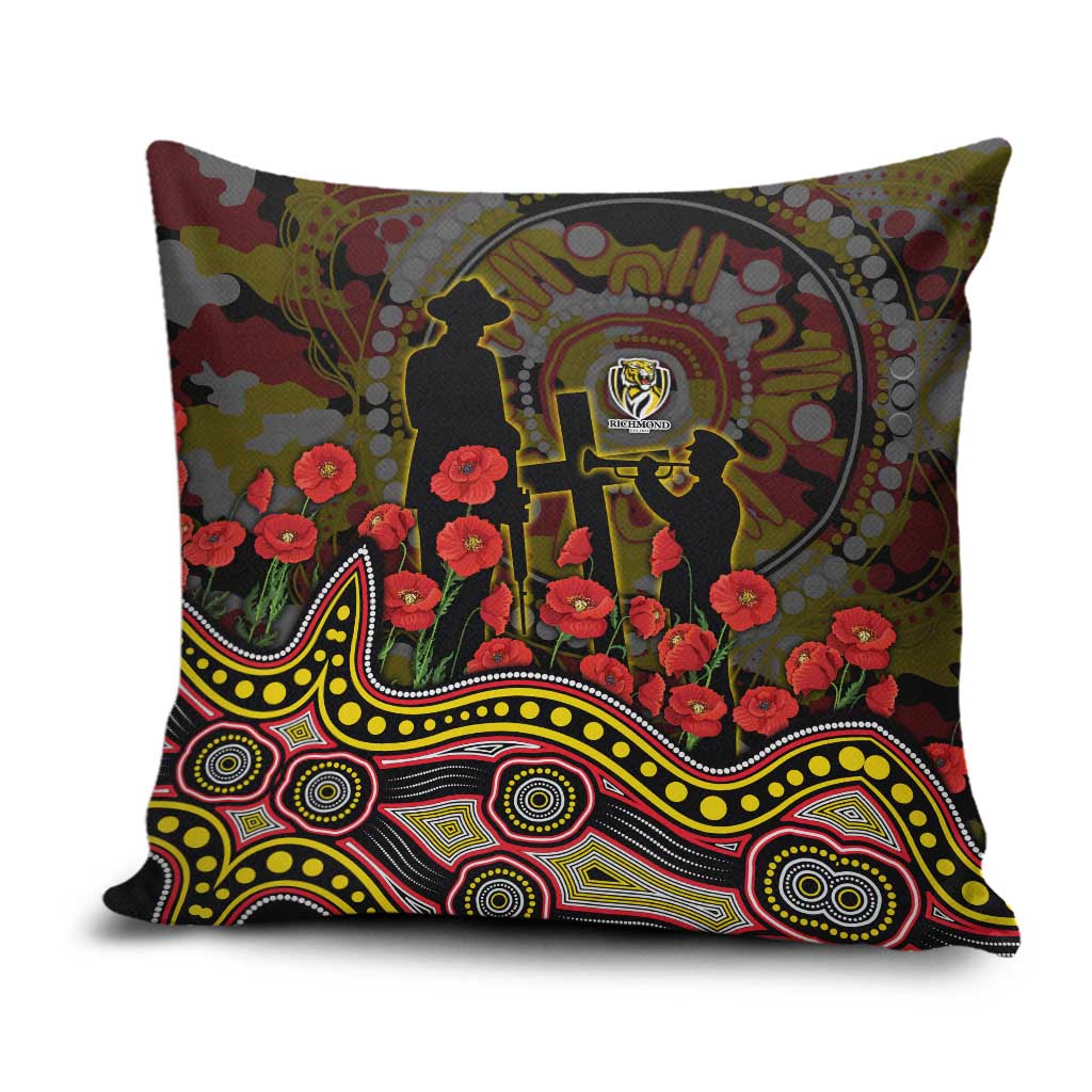 Richmond Tigers ANZAC Day Pillow Cover Indigenous Dot Art with Poppy Flower Tribute