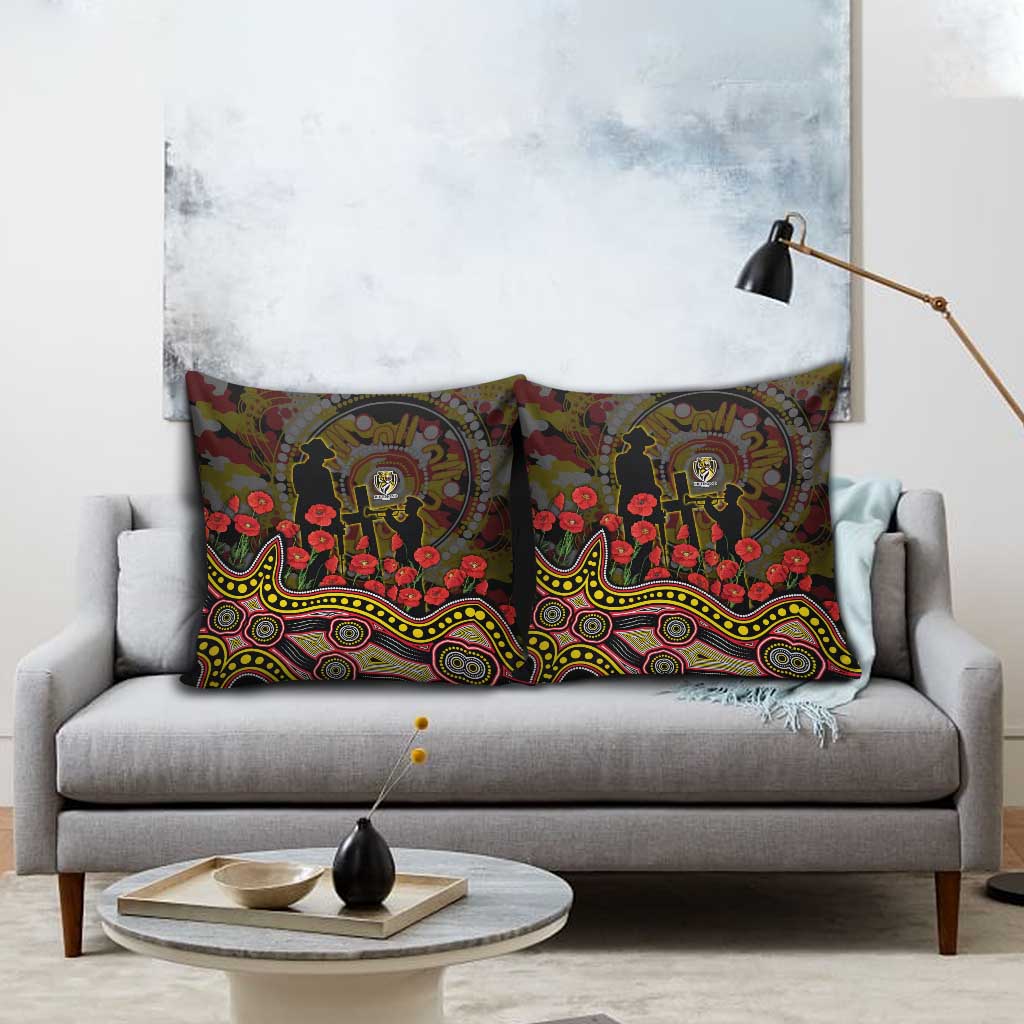 Richmond Tigers ANZAC Day Pillow Cover Indigenous Dot Art with Poppy Flower Tribute