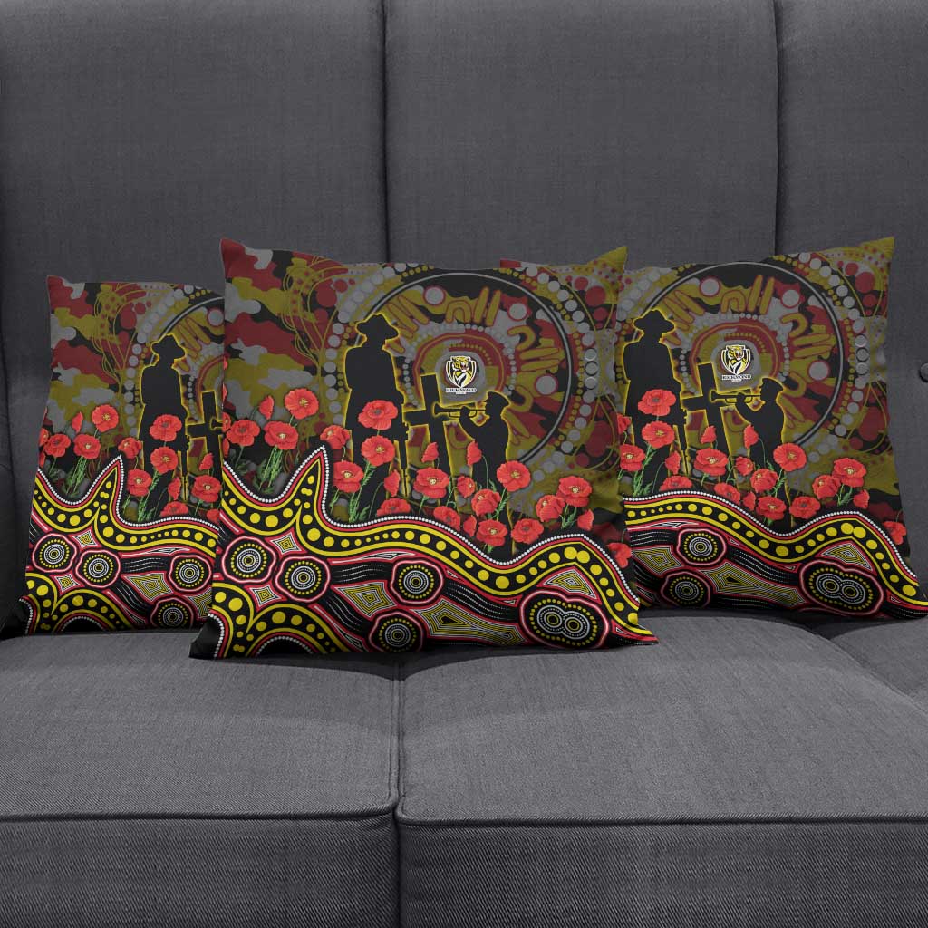 Richmond Tigers ANZAC Day Pillow Cover Indigenous Dot Art with Poppy Flower Tribute