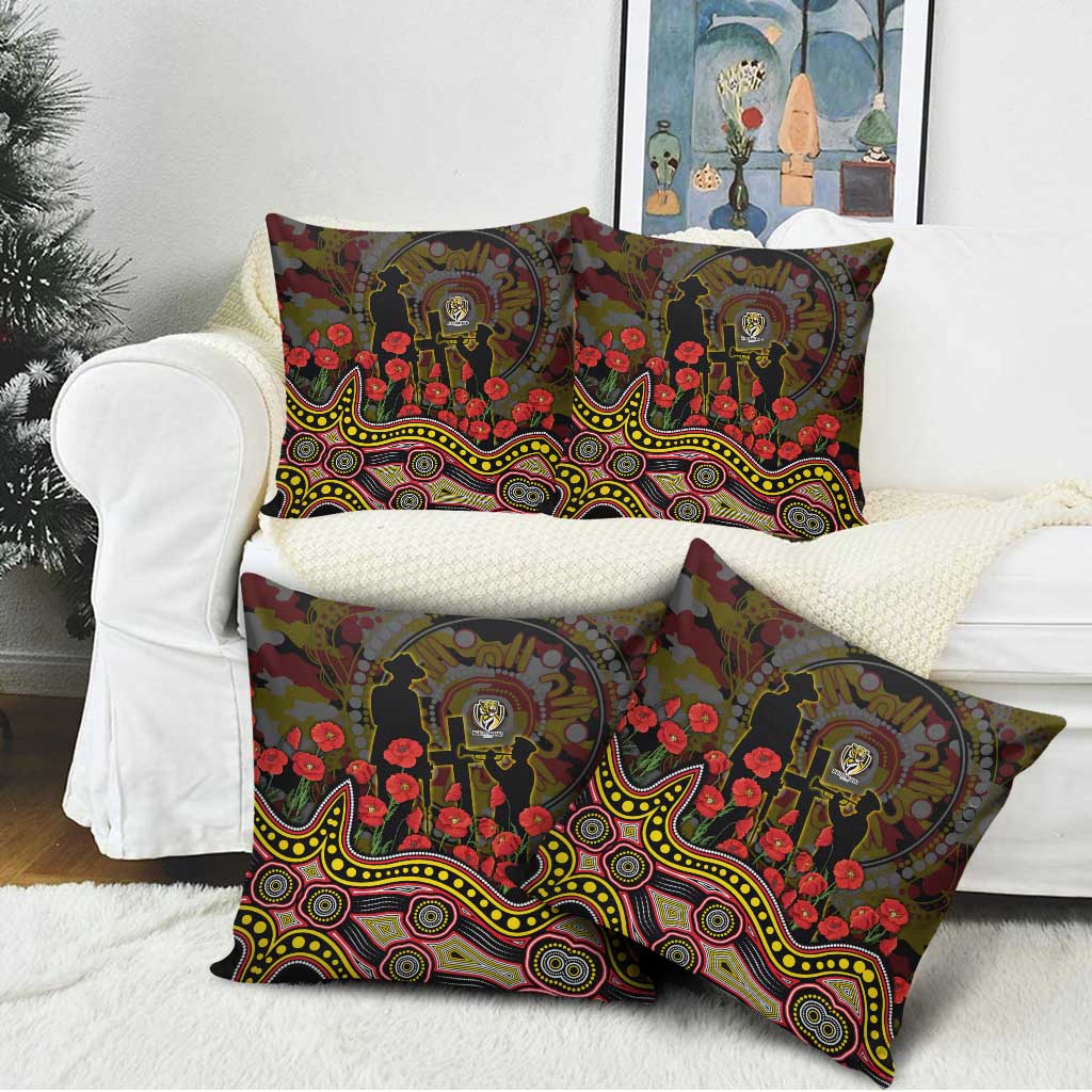 Richmond Tigers ANZAC Day Pillow Cover Indigenous Dot Art with Poppy Flower Tribute