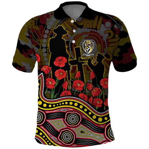 Richmond Tigers ANZAC Day Polo Shirt Indigenous Dot Art with Poppy Flower Tribute