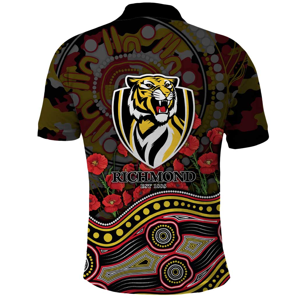 Richmond Tigers ANZAC Day Polo Shirt Indigenous Dot Art with Poppy Flower Tribute