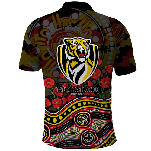 Richmond Tigers ANZAC Day Polo Shirt Indigenous Dot Art with Poppy Flower Tribute