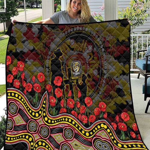 Richmond Tigers ANZAC Day Quilt Indigenous Dot Art with Poppy Flower Tribute