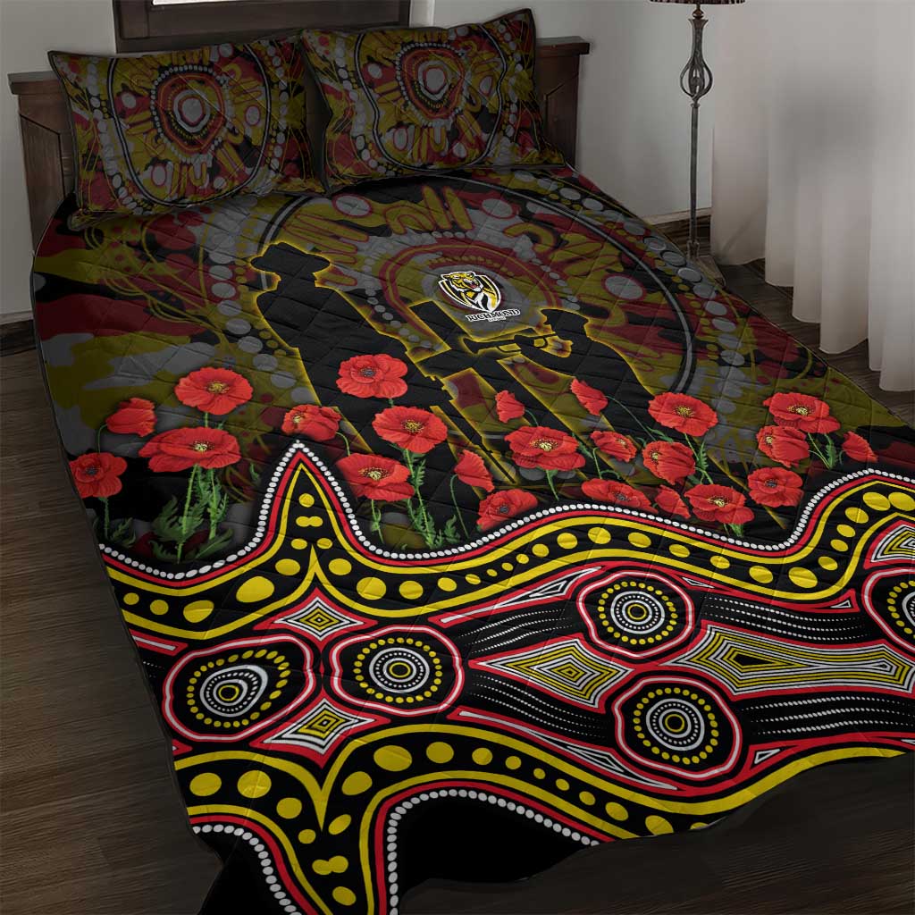 Richmond Tigers ANZAC Day Quilt Bed Set Indigenous Dot Art with Poppy Flower Tribute